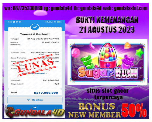 Selamat Untuk Member Setia Kami Gundala4d bapak DA** S*****N Yang Mendapatkan Jackpot Di Provider Pragmatic Game SUGAR RUSH Dengan Total Kemenangan Rp. 17.000.000 Dengan Modal 1.000.000 Bisa Tembus Puluhan Juta Hingga Ratusan Juta