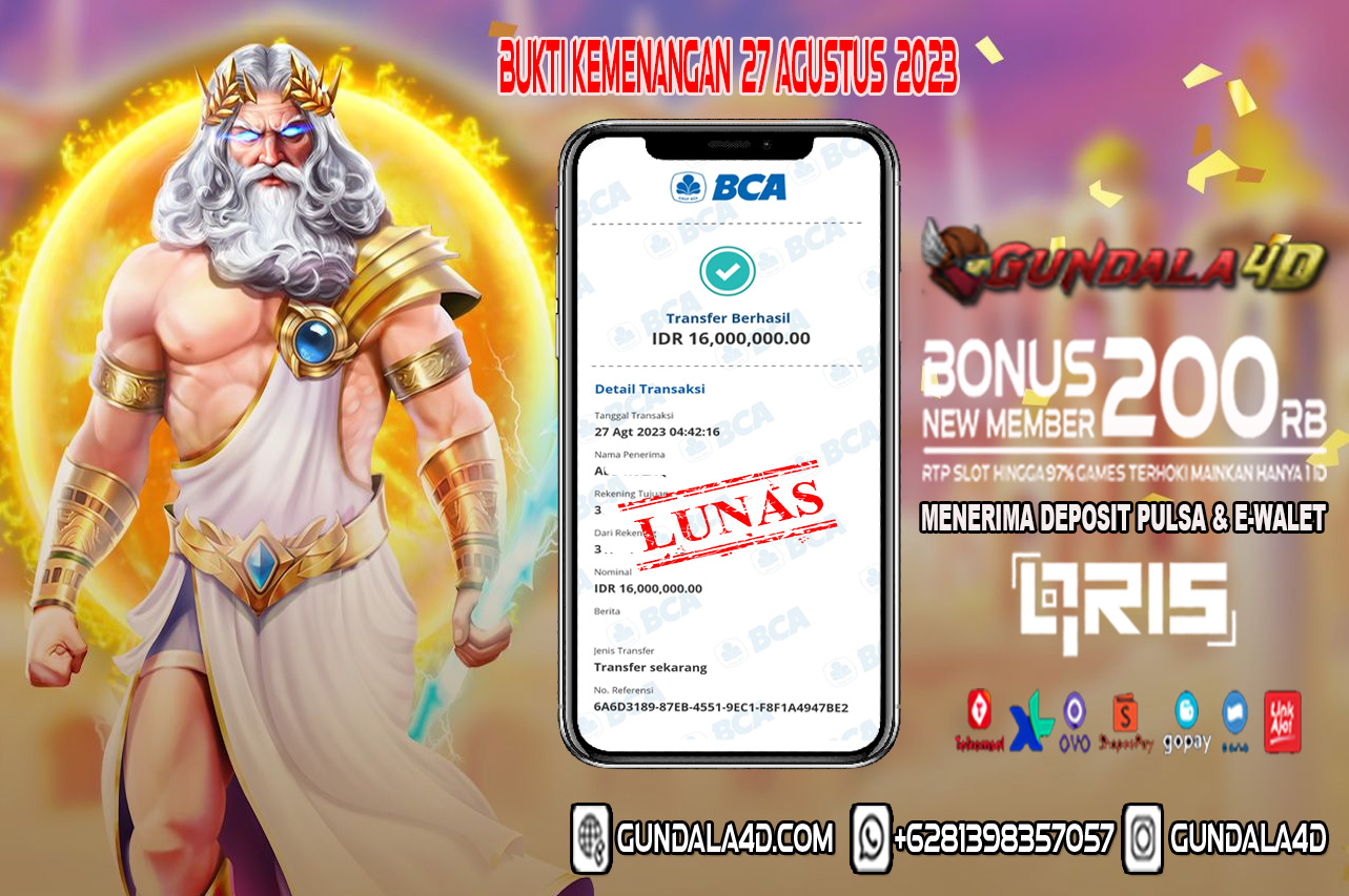 Selamat Untuk Member Setia Kami Gundala4d bapak AD**** JAK***** Yang Mendapatkan Jackpot Di Provider Pragmatic Game GATES OF OLYMPUS Dengan Total Kemenangan Rp. 16.000.000. Dengan Modal 1.000.000 Bisa Tembus Puluhan Juta Hingga Ratusan Juta