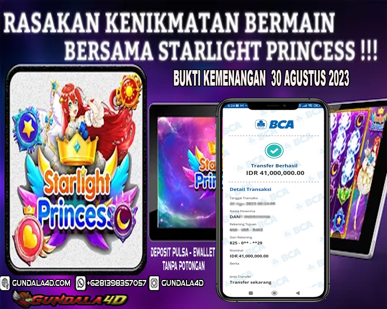 Selamat Untuk Member Setia Kami Gundala4d bapak DAN*** H C*****A Yang Mendapatkan Jackpot Di Provider Pragmatic Game  PRINCESS Dengan Total Kemenangan Rp. 41.000.000 Dengan Modal 1.000.000 Bisa Tembus Puluhan Juta Hingga Ratusan Juta