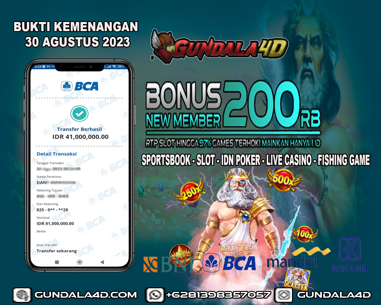 Selamat Untuk Member Setia Kami Gundala4d bapak DAN**** RO***** Yang Mendapatkan Jackpot Di Provider Pragmatic Game GATES OF OLYMPUS Dengan Total Kemenangan Rp. 41.000.000. Dengan Modal 1.000.000 Bisa Tembus Puluhan Juta Hingga Ratusan Juta