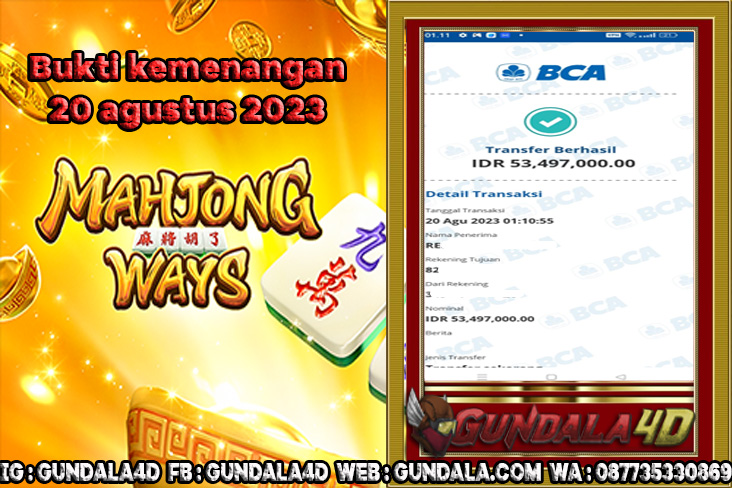 Selamat Untuk Member Setia Kami Gundala4d bapak RE** BR*****A Yang Mendapatkan Jackpot Di Provider Pragmatic Game  MAHJONG WAYS Dengan Total Kemenangan Rp. 53.497.000 Dengan Modal 2.000.000 Bisa Tembus Puluhan Juta Hingga Ratusan Juta