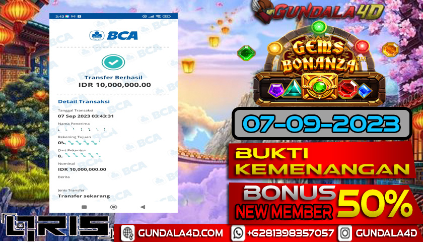 Selamat Untuk Member Setia Kami Gundala4d bapak UC**** Yang Mendapatkan Jackpot Di Provider Pragmatic Game  GEMS BONANZA Dengan Total Kemenangan Rp. 10.000.000. Dengan Modal 600.000 Bisa Tembus Puluhan Juta Hingga Ratusan Juta