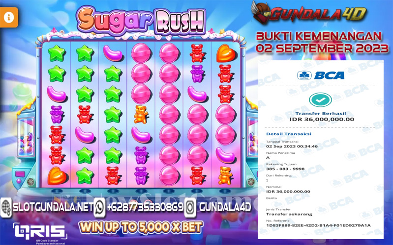 Selamat Untuk Member Setia Kami Gundala4d bapak AB**** Yang Mendapatkan Jackpot Di Provider Pragmatic Game  Sugar RUSH Dengan Total Kemenangan Rp. 36.000.000. Dengan Modal 1.000.000 Bisa Tembus Puluhan Juta Hingga Ratusan Juta