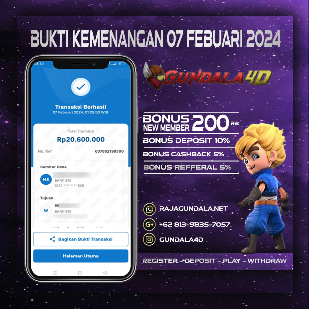 BUKTI KEMENANGAN 07 FEBUARI 2024. GUNDALA4D SITUS SLOT TERGACOR NO 1 DI INDONESIA DENGAN RTP HINGGA 98% DAN SLOT GAME TERLENGKAP