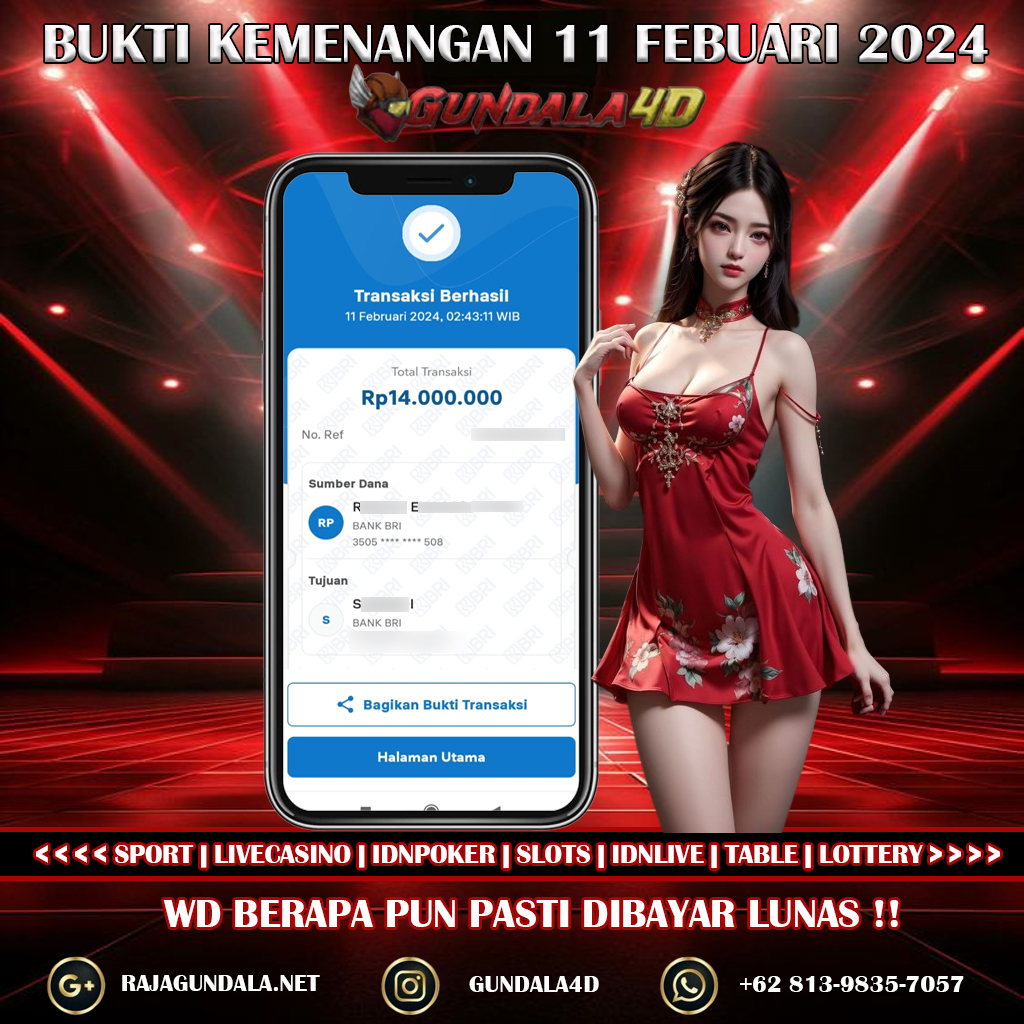 BUKTI KEMENANGAN 11 FEBUARI 2024. GUNDALA4D SITUS SLOT TERGACOR NO 1 DI INDONESIA DENGAN RTP HINGGA 98% DAN SLOT GAME TERLENGKAP