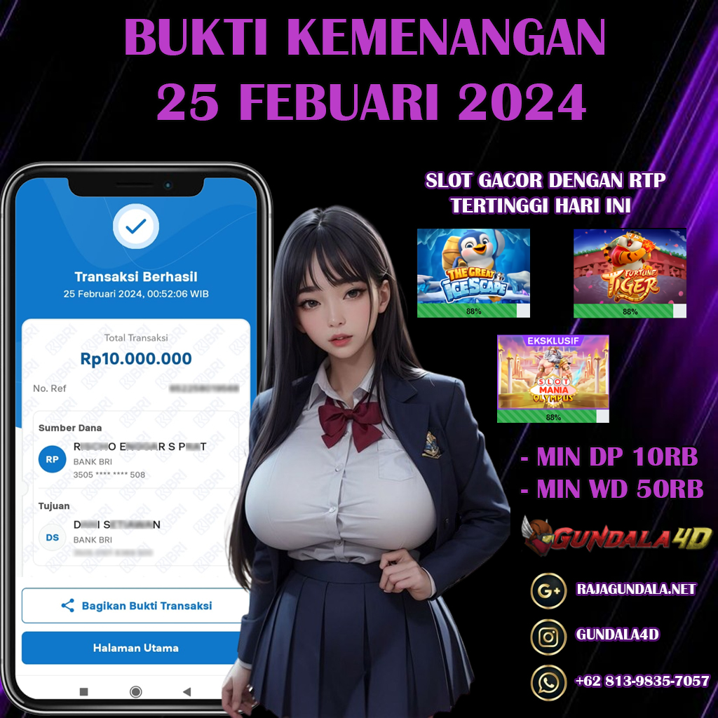 BUKTI KEMENANGAN 25 FEBUARI 2024. GUNDALA4D SITUS SLOT TERGACOR NO 1 DI INDONESIA DENGAN RTP HINGGA 98% DAN SLOT GAME TERLENGKAP