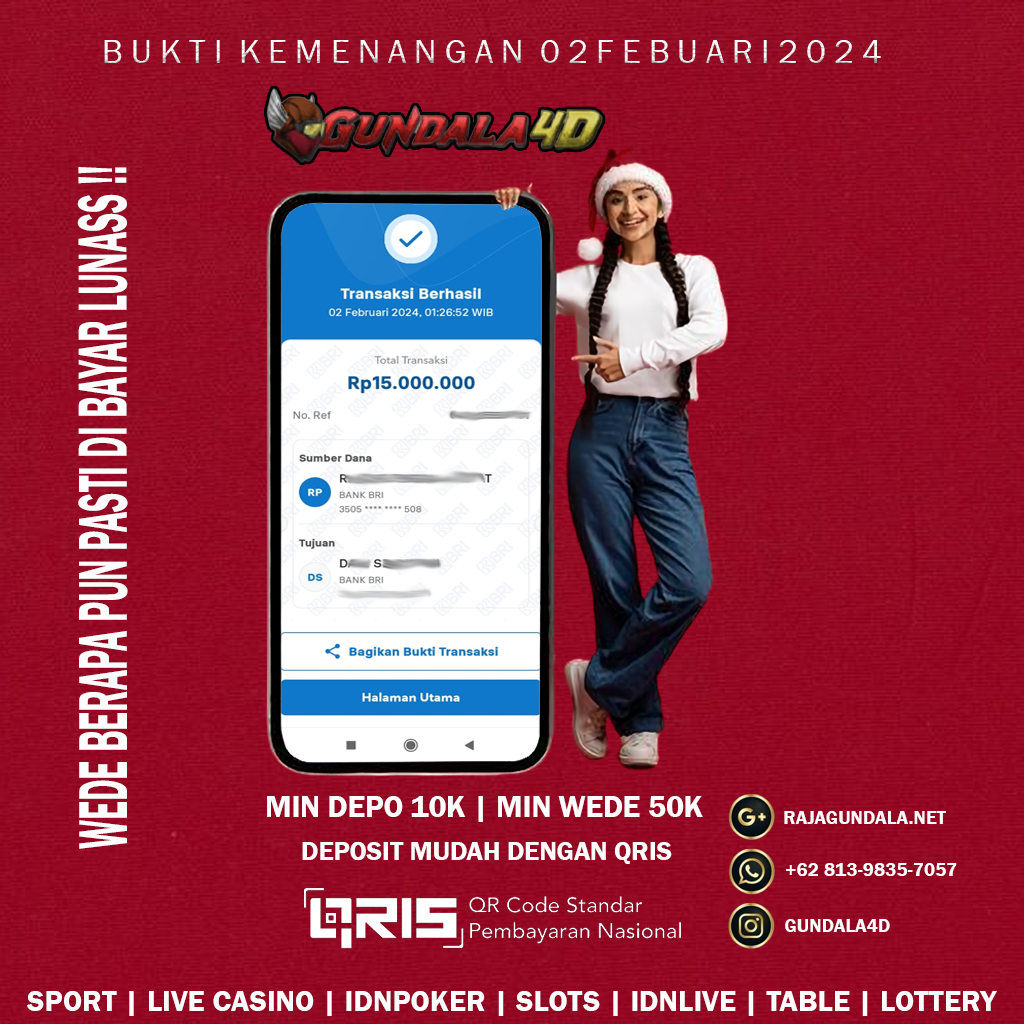 BUKTI KEMENANGAN 02 FEBUARI 2024. GUNDALA4D SITUS SLOT TERGACOR NO 1 DI INDONESIA DENGAN RTP HINGGA 98% DAN SLOT GAME TERLENGKAP