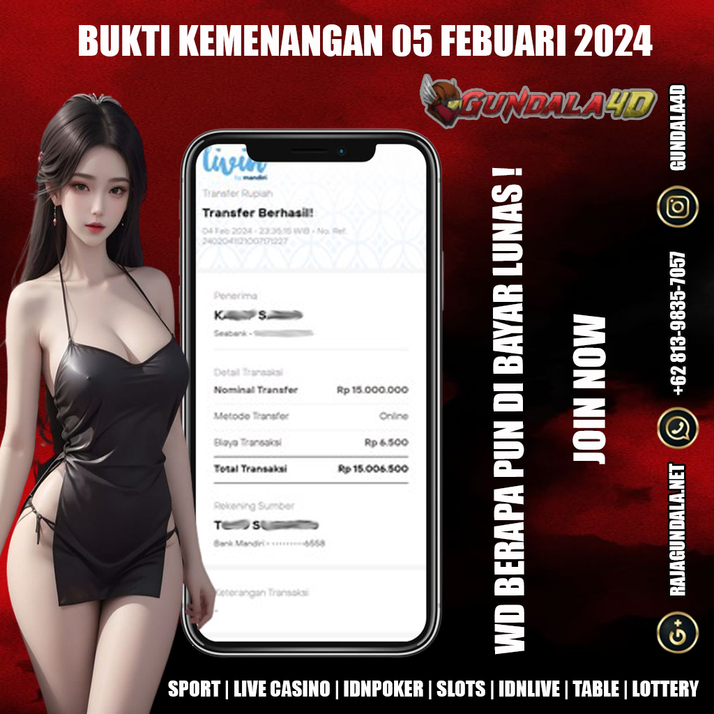 BUKTI KEMENANGAN 05 FEBUARI 2024. GUNDALA4D SITUS SLOT TERGACOR NO 1 DI INDONESIA DENGAN RTP HINGGA 98% DAN SLOT GAME TERLENGKAP