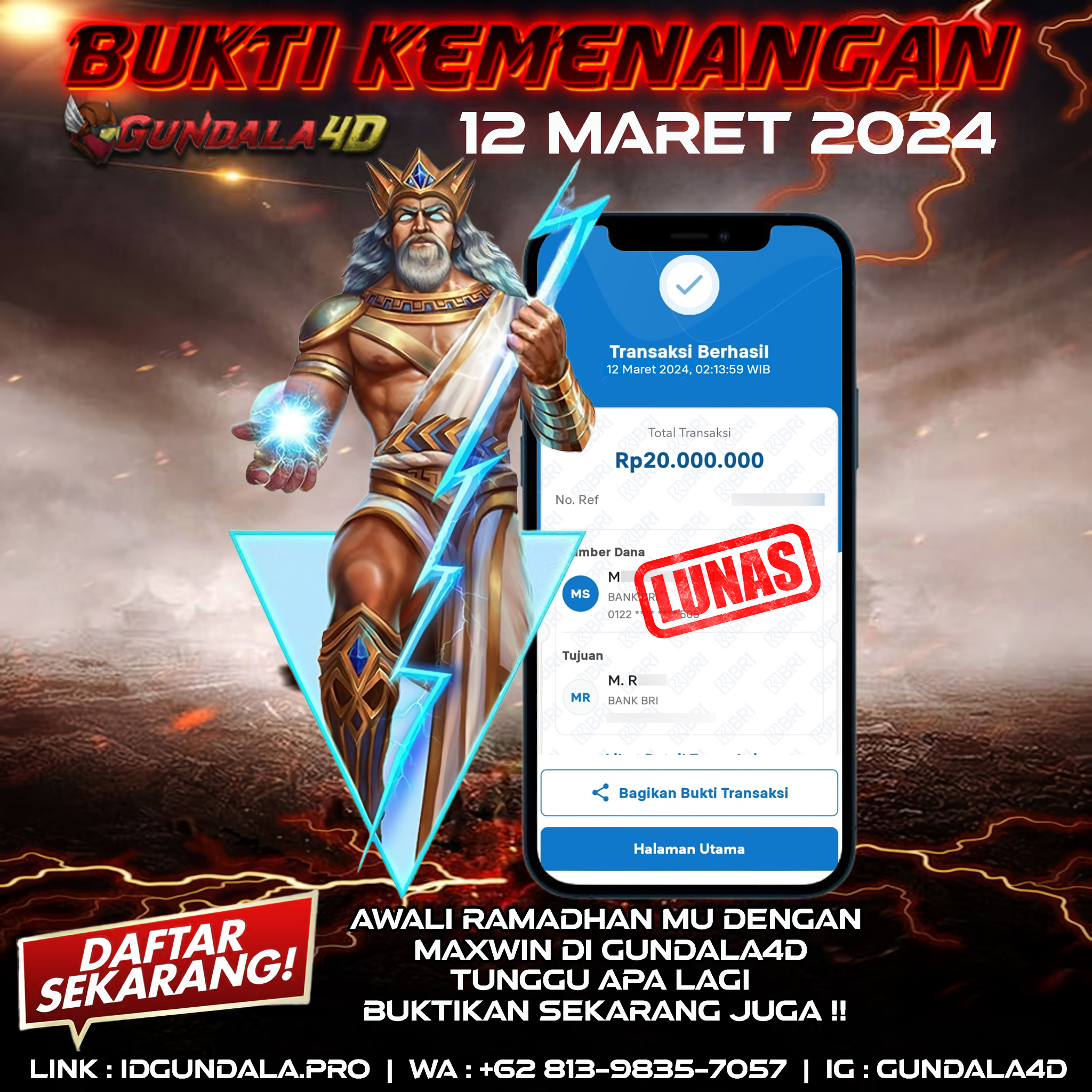 BUKTI KEMENANGAN 12 MARET 2024. GUNDALA4D SITUS SLOT TERGACOR NO 1 DI INDONESIA DENGAN RTP HINGGA 98% DAN SLOT GAME TERLENGKAP