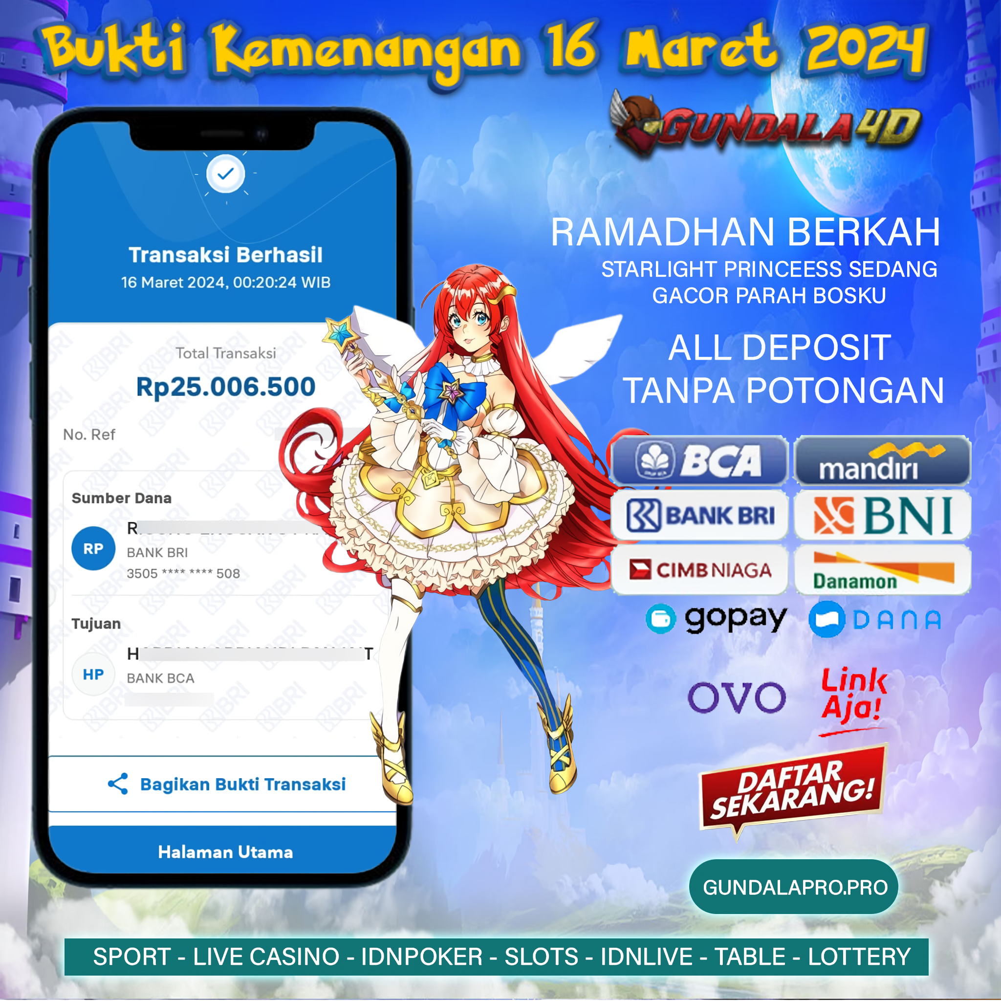 BUKTI KEMENANGAN 16 MARET 2024. GUNDALA4D SITUS SLOT TERGACOR NO 1 DI INDONESIA DENGAN RTP HINGGA 98% DAN SLOT GAME TERLENGKAP