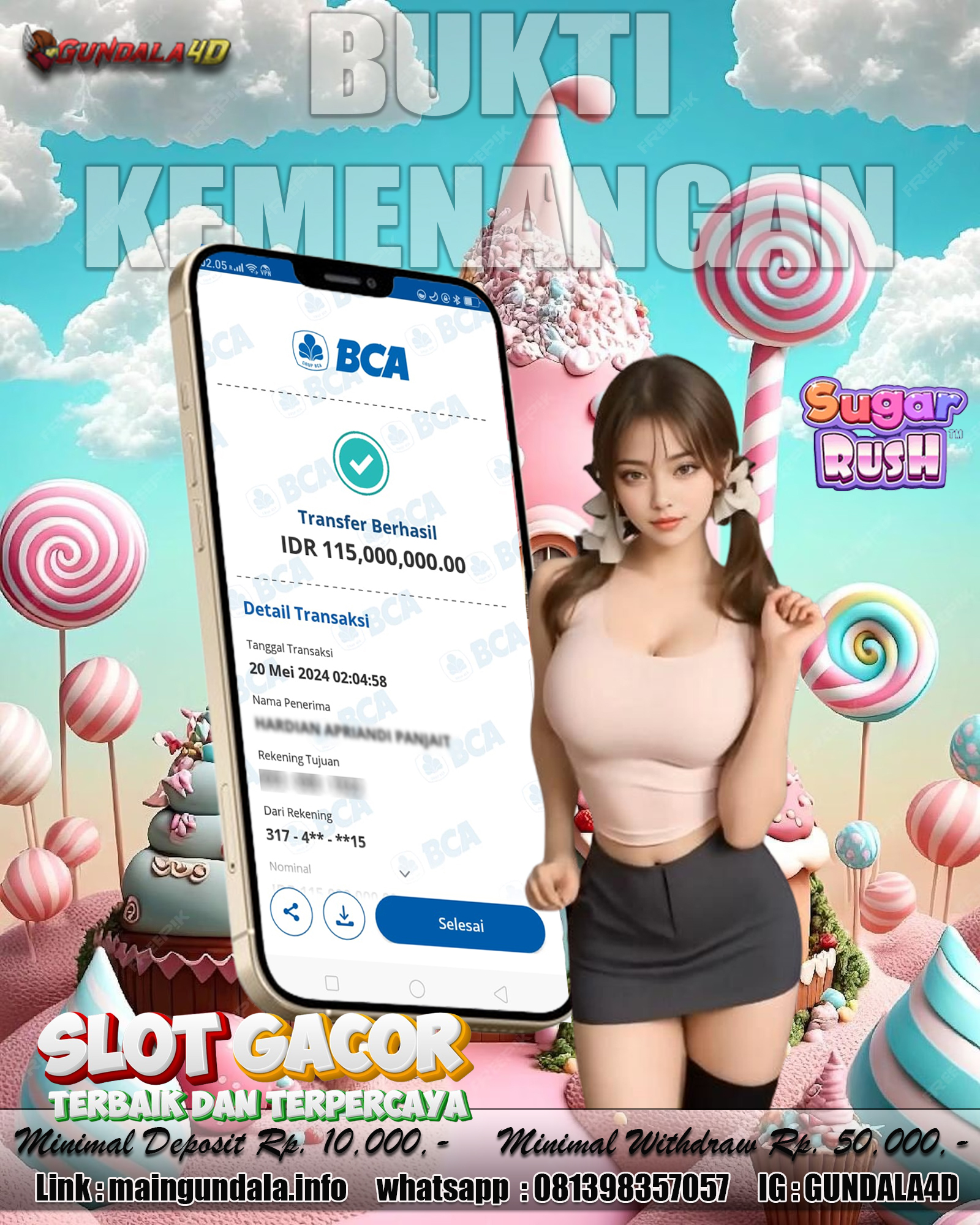 Selamat Untuk Member Setia Kami Gundala4d KA****** Yang Mendapatkan Jackpot Dengan Total Kemenangan Rp115.000.000 ( seratus lima belas juta rupiah ) Dengan Modal Hanya Rp.10.000.000 ( Sepuluh Juta Rupiah). Langsung Bisa Tembus Puluhan Juta Hingga Ratusan Juta