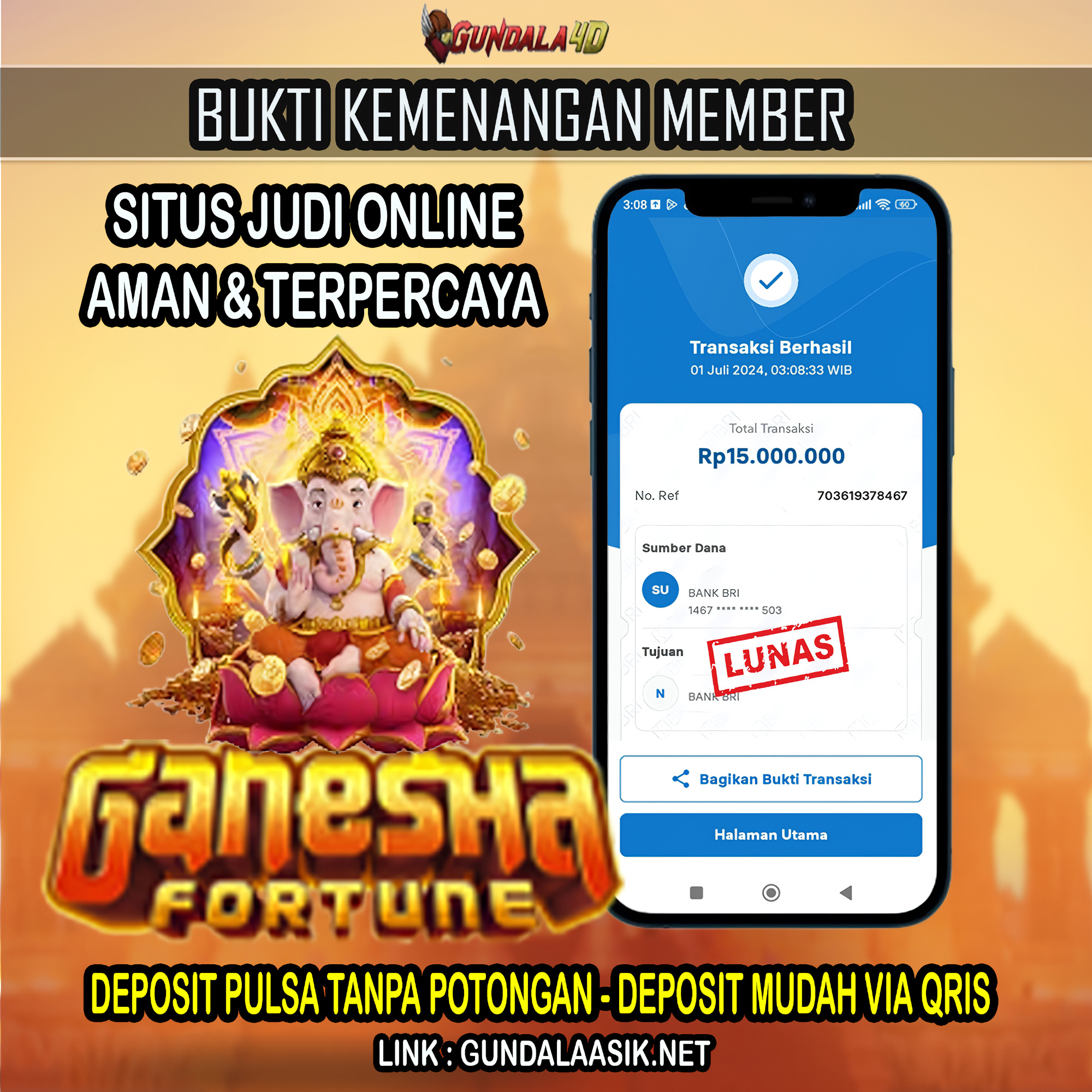 Selamat Untuk Member Setia Kami Gundala4d KI******** Yang Mendapatkan Jackpot Dengan Total Kemenangan Rp 15.000.000 ( Lima Belas Juta Rupiah ) Dengan Modal Hanya Rp.1.000.000 ( Satu Juta Rupiah). Langsung Bisa Tembus Puluhan Juta Hingga Ratusan Juta