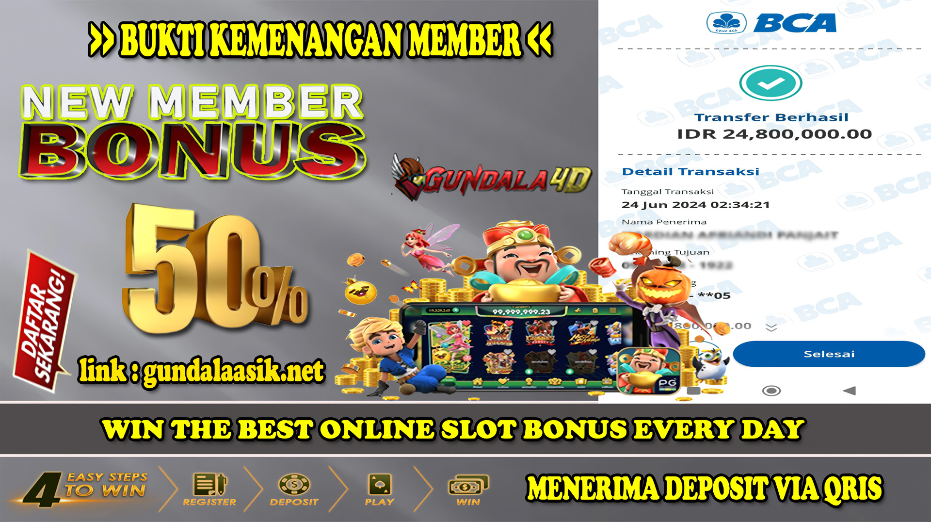 Selamat Untuk Member Setia Kami Gundala4d RA******** Yang Mendapatkan Jackpot Dengan Total Kemenangan Rp 24.800.000 ( Dua Puluh Empat Juta Delapan Ratus Ribu Rupiah ) Dengan Modal Hanya Rp.1.000.000 ( Satu Juta Rupiah). Langsung Bisa Tembus Puluhan Juta Hingga Ratusan Juta