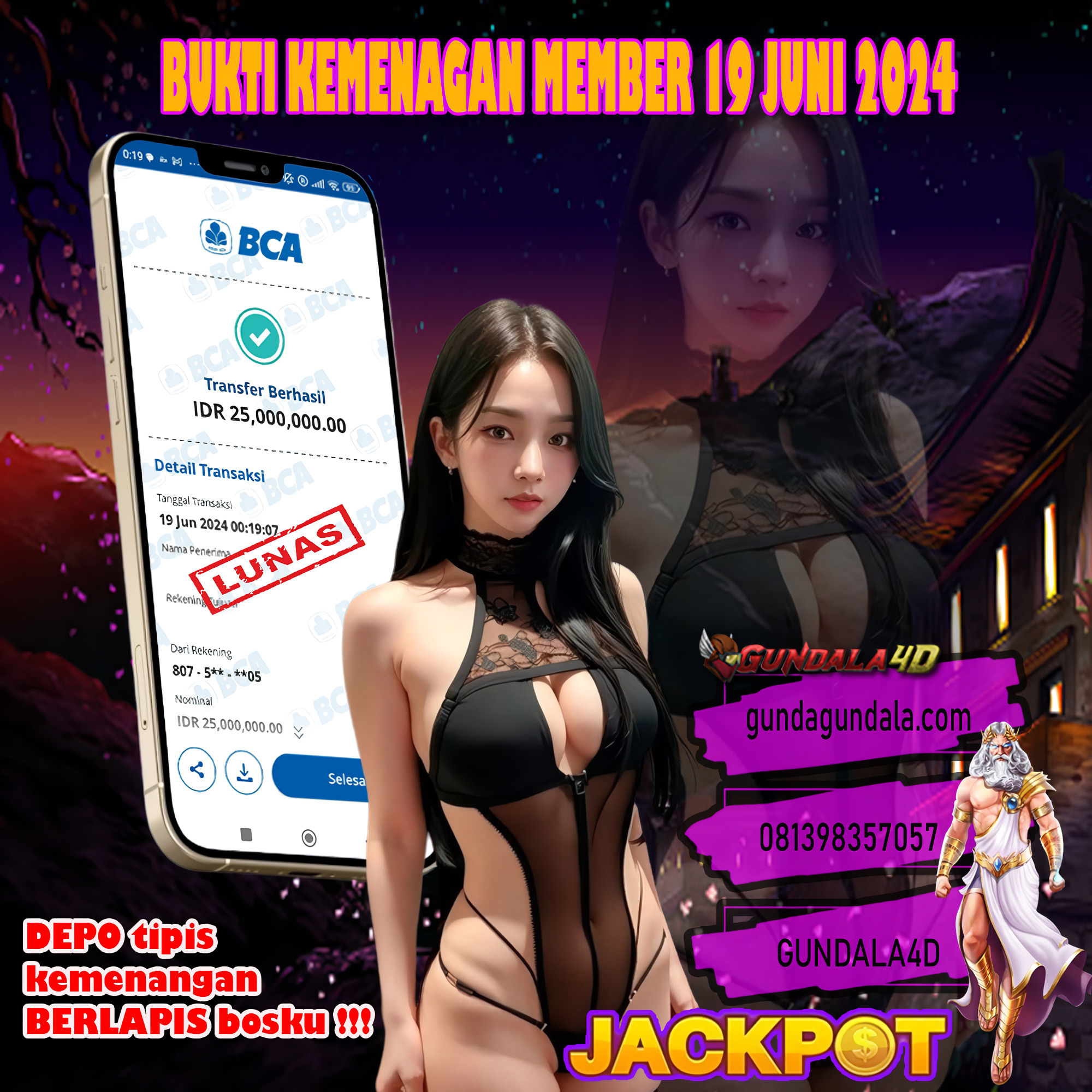 Selamat Untuk Member Setia Kami Gundala4d Ri******** Yang Mendapatkan Jackpot Dengan Total Kemenangan Rp 25.000.000 ( Dua Lima Juta Rupiah ) Dengan Modal Hanya Rp.1.000.000 ( Satu Juta Rupiah). Langsung Bisa Tembus Puluhan Juta Hingga Ratusan Juta