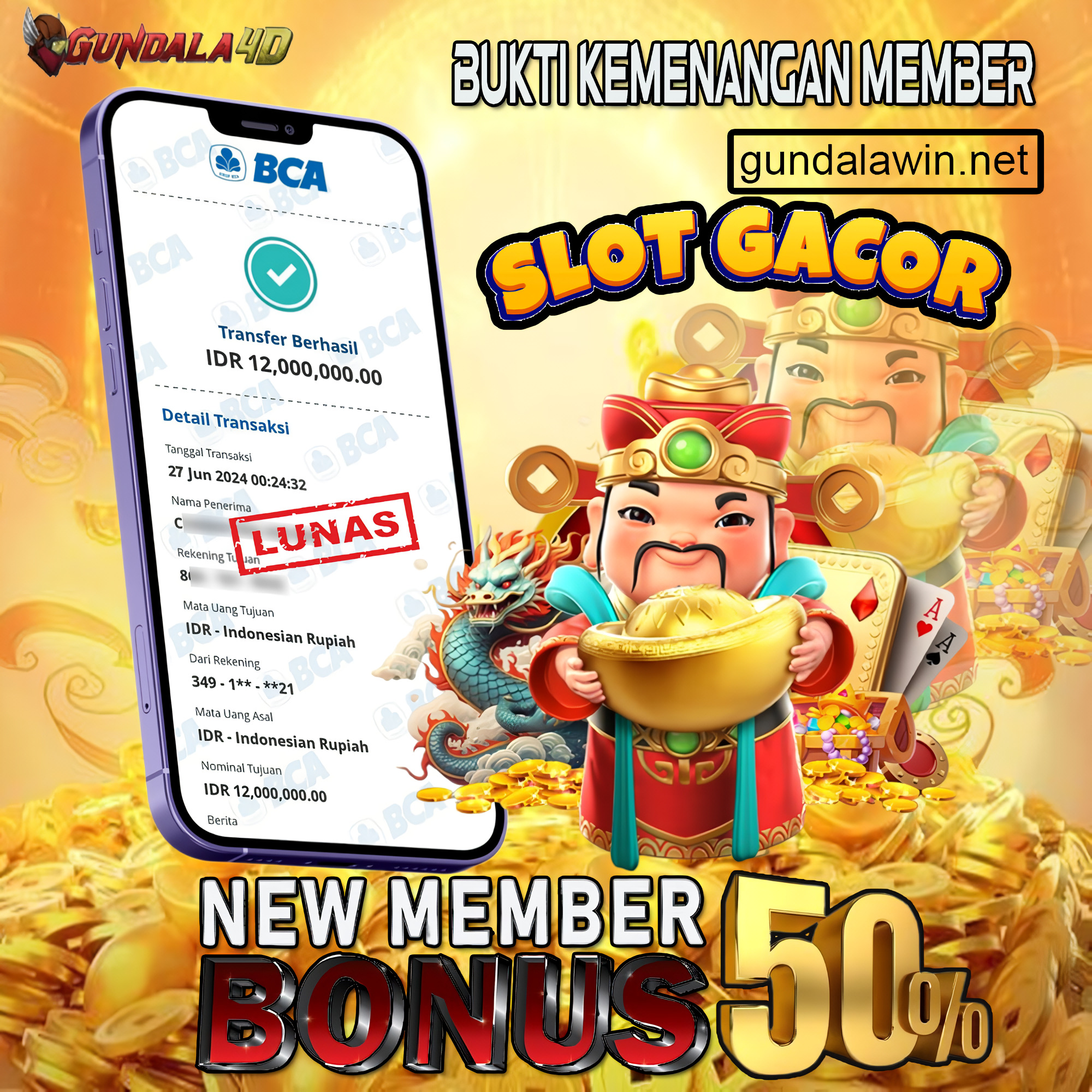 Selamat Untuk Member Setia Kami Gundala4d CI******** Yang Mendapatkan Jackpot Dengan Total Kemenangan Rp 12.000.000 ( Dua Belas Juta Rupiah ) Dengan Modal Hanya Rp.1.000.000 ( Satu Juta Rupiah). Langsung Bisa Tembus Puluhan Juta Hingga Ratusan Juta