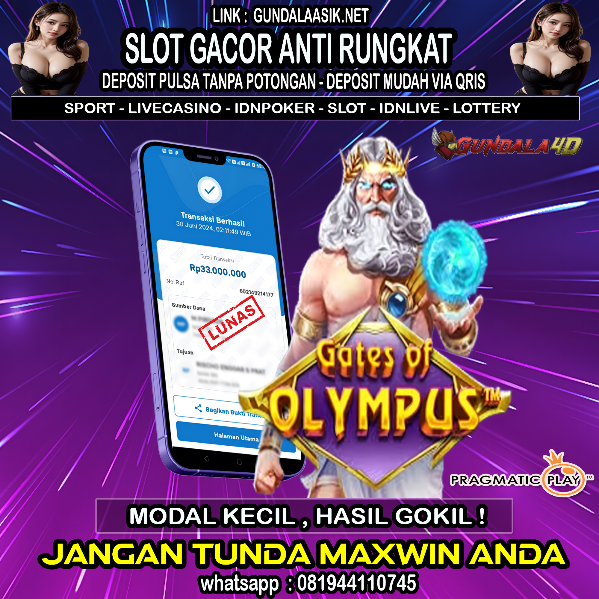 Selamat Untuk Member Setia Kami Gundala4d KI******** Yang Mendapatkan Jackpot Dengan Total Kemenangan Rp 33.000.000 ( Tiga Puluh Tiga Juta Rupiah ) Dengan Modal Hanya Rp.1.000.000 ( Satu Juta Rupiah). Langsung Bisa Tembus Puluhan Juta Hingga Ratusan Juta