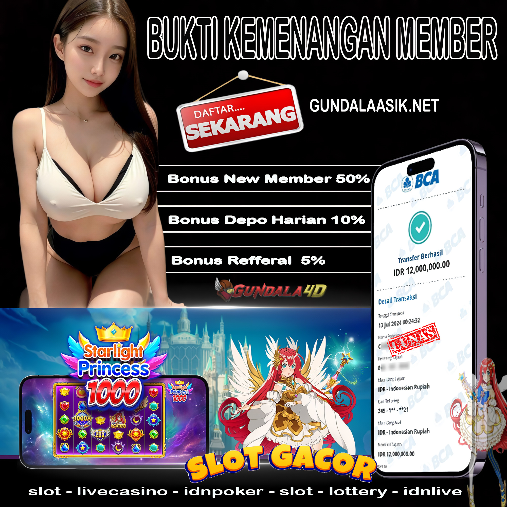 Selamat Untuk Member Setia Kami Gundala4d CA******** Yang Mendapatkan Jackpot Dengan Total Kemenangan Rp .12.000.000 ( Dua Belas Juta Rupiah ) Dengan Modal Hanya Rp.1.000.000 ( Satu Juta Rupiah). Langsung Bisa Tembus Puluhan Juta Hingga Ratusan Juta