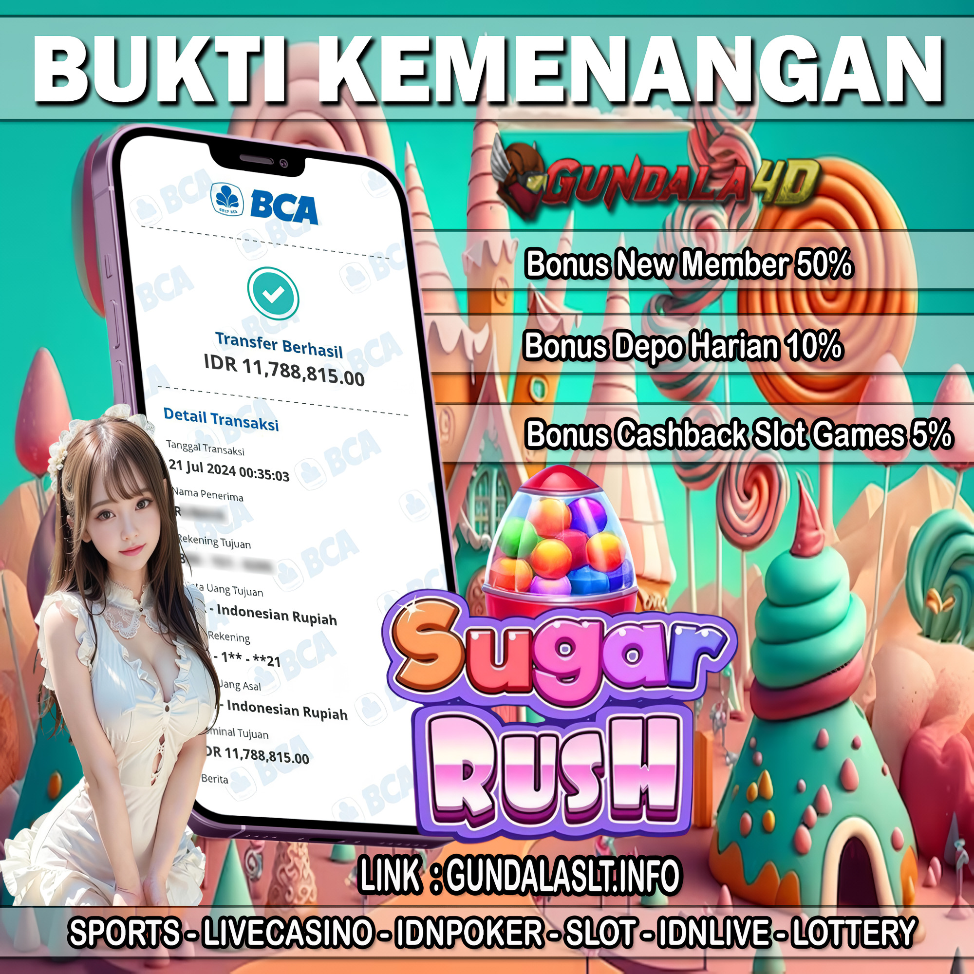 Selamat Untuk Member Setia Kami Gundala4d RA******** Yang Mendapatkan Jackpot Dengan Total Kemenangan Rp. 11.788.815 Dengan Modal Hanya Rp.1.000.000 ( Satu Juta Rupiah). Langsung Bisa Tembus Puluhan Juta Hingga Ratusan Juta