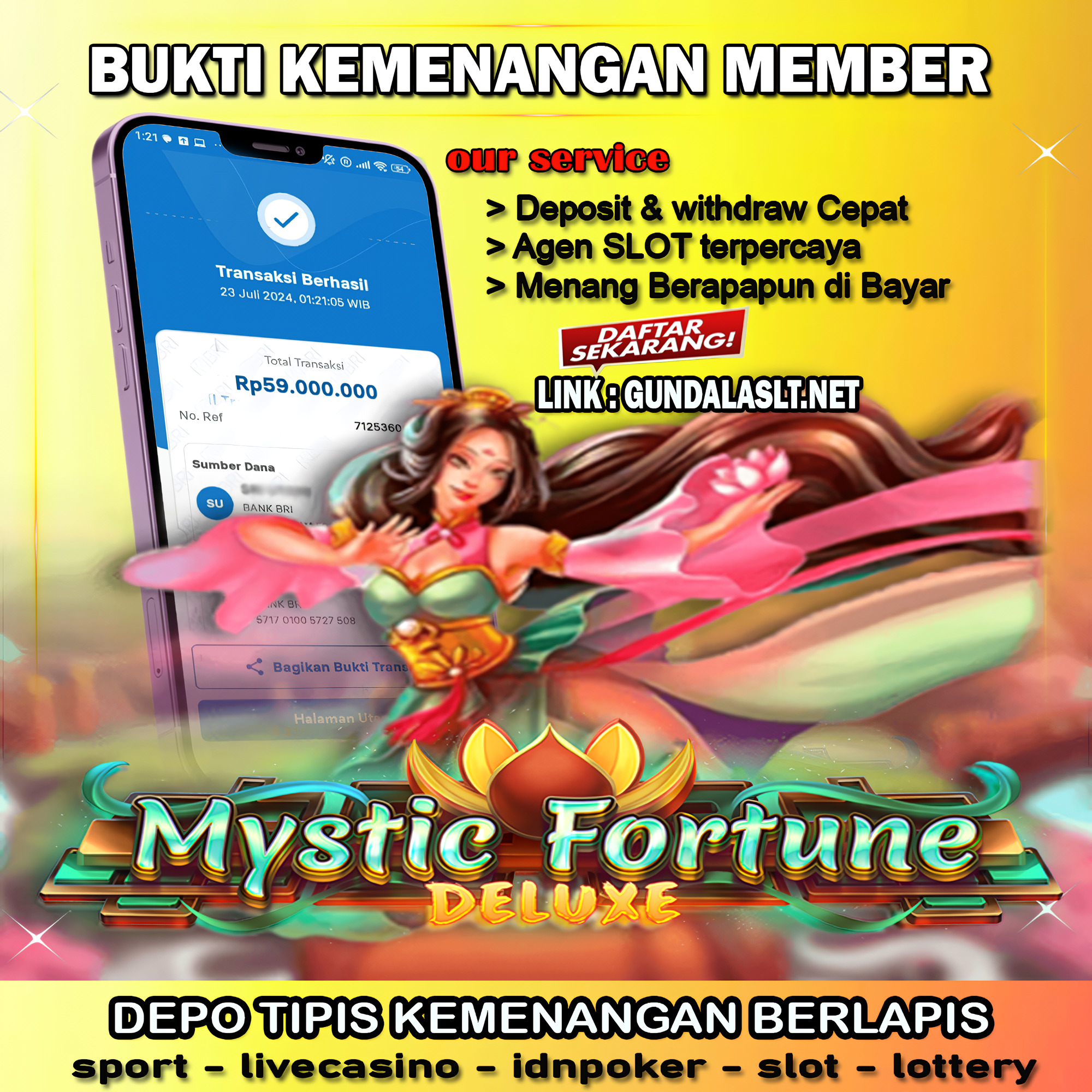 Selamat Untuk Member Setia Kami Gundala4d JA******** Yang Mendapatkan Jackpot Dengan Total Kemenangan Rp. 59.000.000 ( LIMA PULUH SEMBILAN JUTU RUPIAH ) Dengan Modal Hanya Rp.1.000.000 ( Satu Juta Rupiah). Langsung Bisa Tembus Puluhan Juta Hingga Ratusan Juta