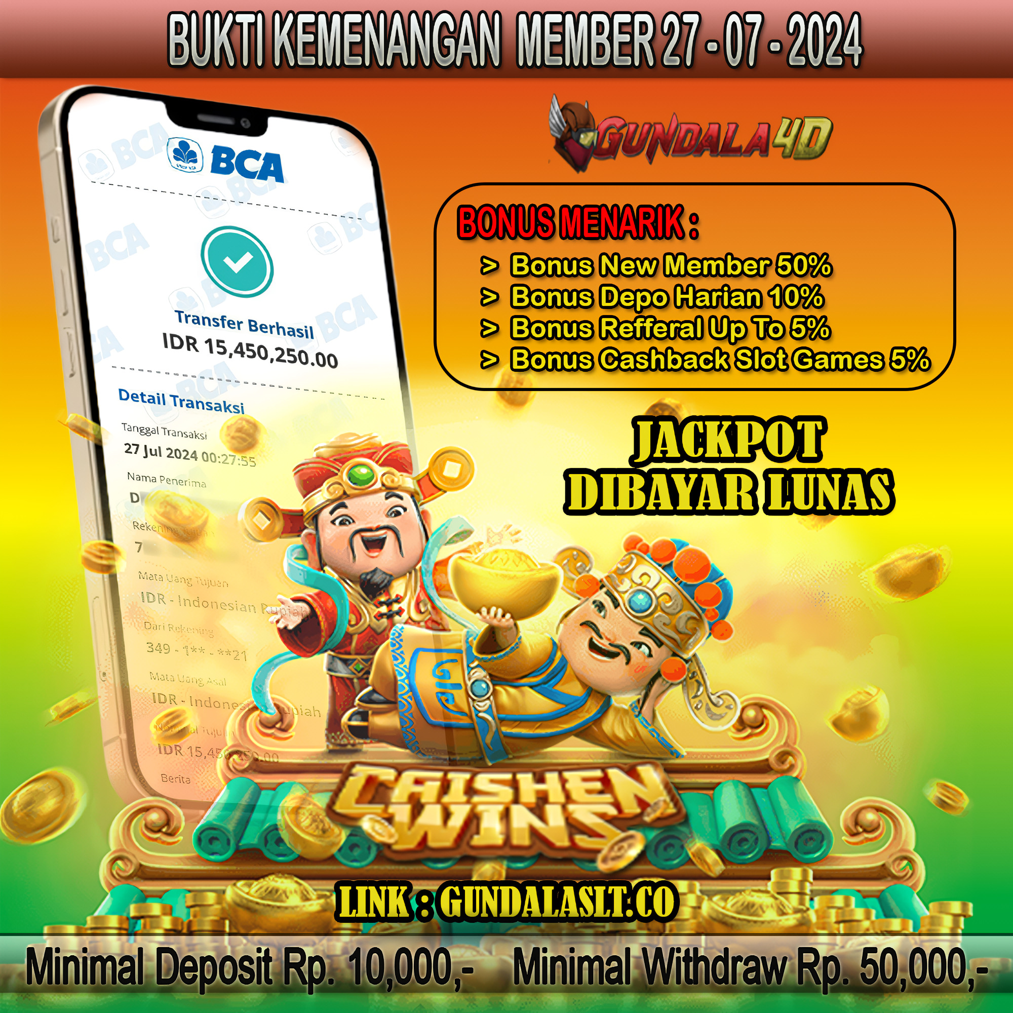 Selamat Untuk Member Setia Kami Gundala4d DA******** Yang Mendapatkan Jackpot Dengan Total Kemenangan Rp. 15.450.250.00 ( LIMA BELAS JUTA EMPAT RATUS LIMA PULUH RIBU DUA RATUS LIMA PULUH RUPIA ) Dengan Modal Hanya Rpn 500.000 ( LIMA RATUS RIBU RUPIAH ). Langsung Bisa Tembus Puluhan Juta Hingga Ratusan Juta