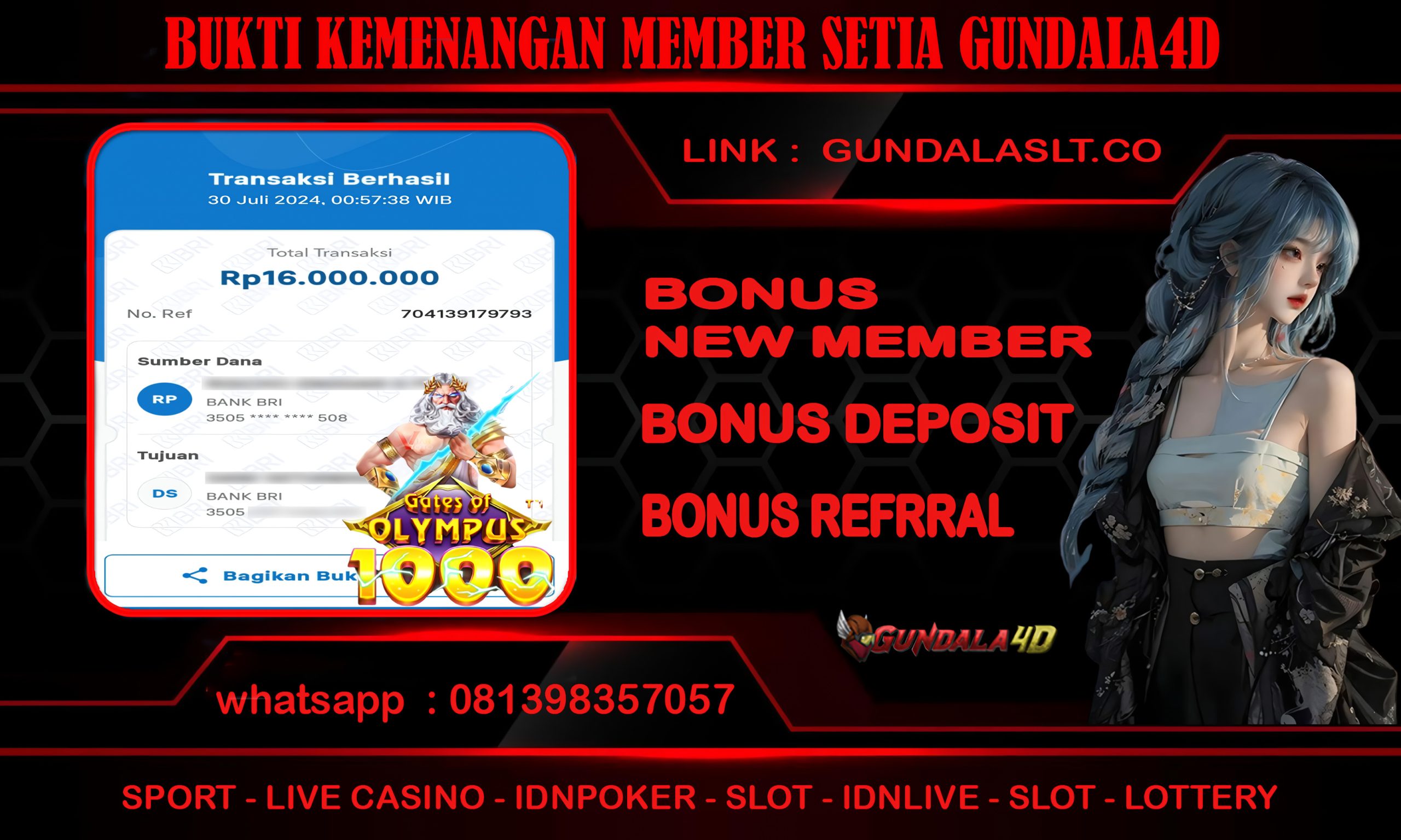 Selamat Untuk Member Setia Kami Gundala4d DA******** Yang Mendapatkan Jackpot Dengan Total Kemenangan Rp. 16.000.000 ( JUTA SERATUS DELAPAN RIBU RUPIAH ) Dengan Modal Hanya Rpn 500.000 ( LIMA RATUS RIBU RUPIAH ). Langsung Bisa Tembus Puluhan Juta Hingga Ratusan Juta