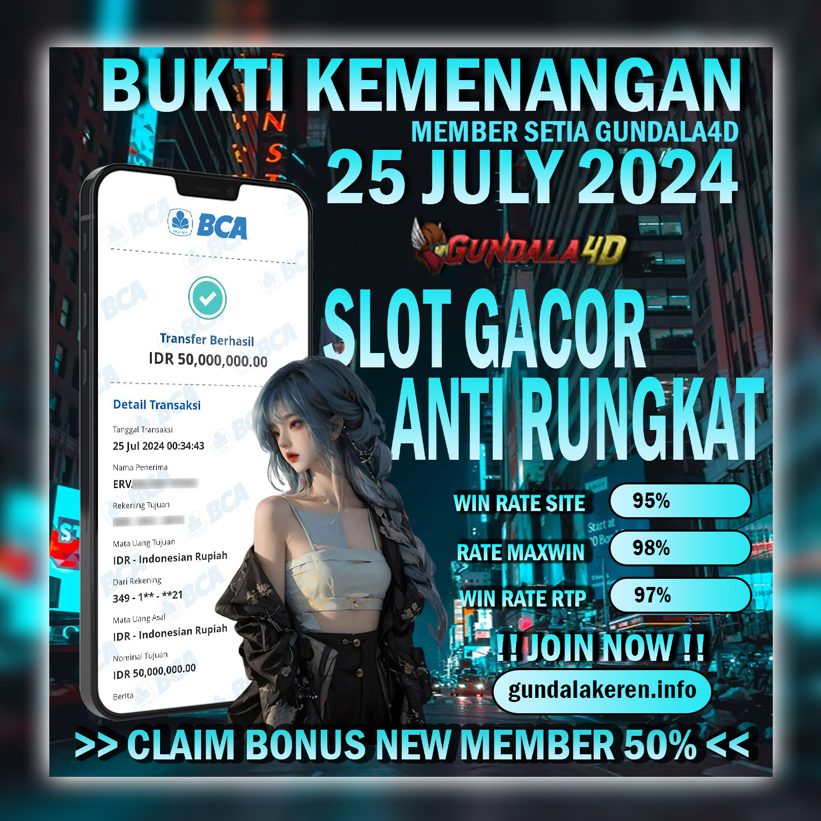 BUKTI KEMENANGAN TANGGAL 25 JULI 2024. GUNDALA4D SITUS SLOT TERGACOR NO 1 DI INDONESIA DENGAN RTP HINGGA 98% DAN SLOT GAME TERLENGKAP.