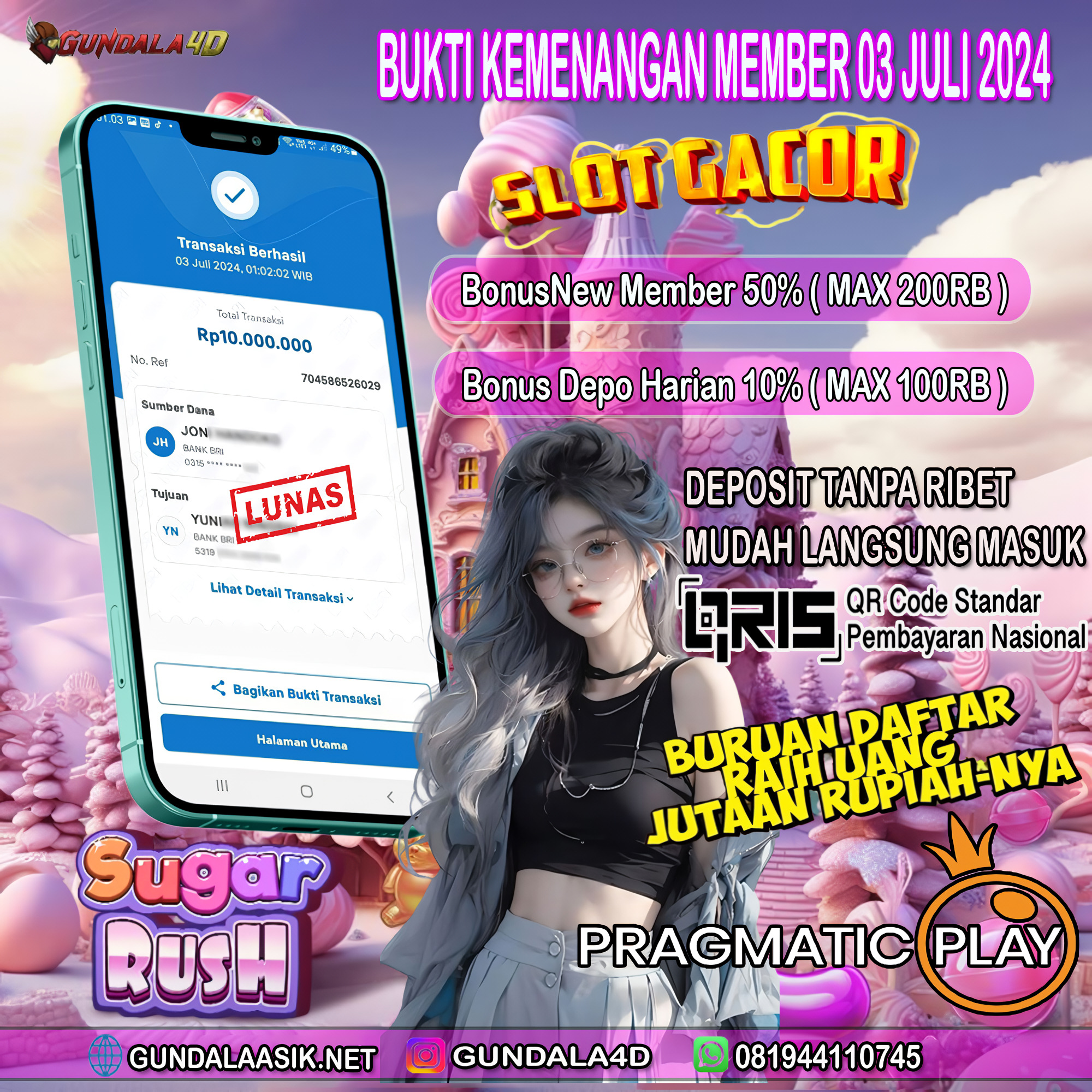 Selamat Untuk Member Setia Kami Gundala4d JO******** Yang Mendapatkan Jackpot Dengan Total Kemenangan Rp 10.000.000 ( Sepuluh Juta Rupiah ) Dengan Modal Hanya Rp.1.000.000 ( Satu Juta Rupiah). Langsung Bisa Tembus Puluhan Juta Hingga Ratusan Juta