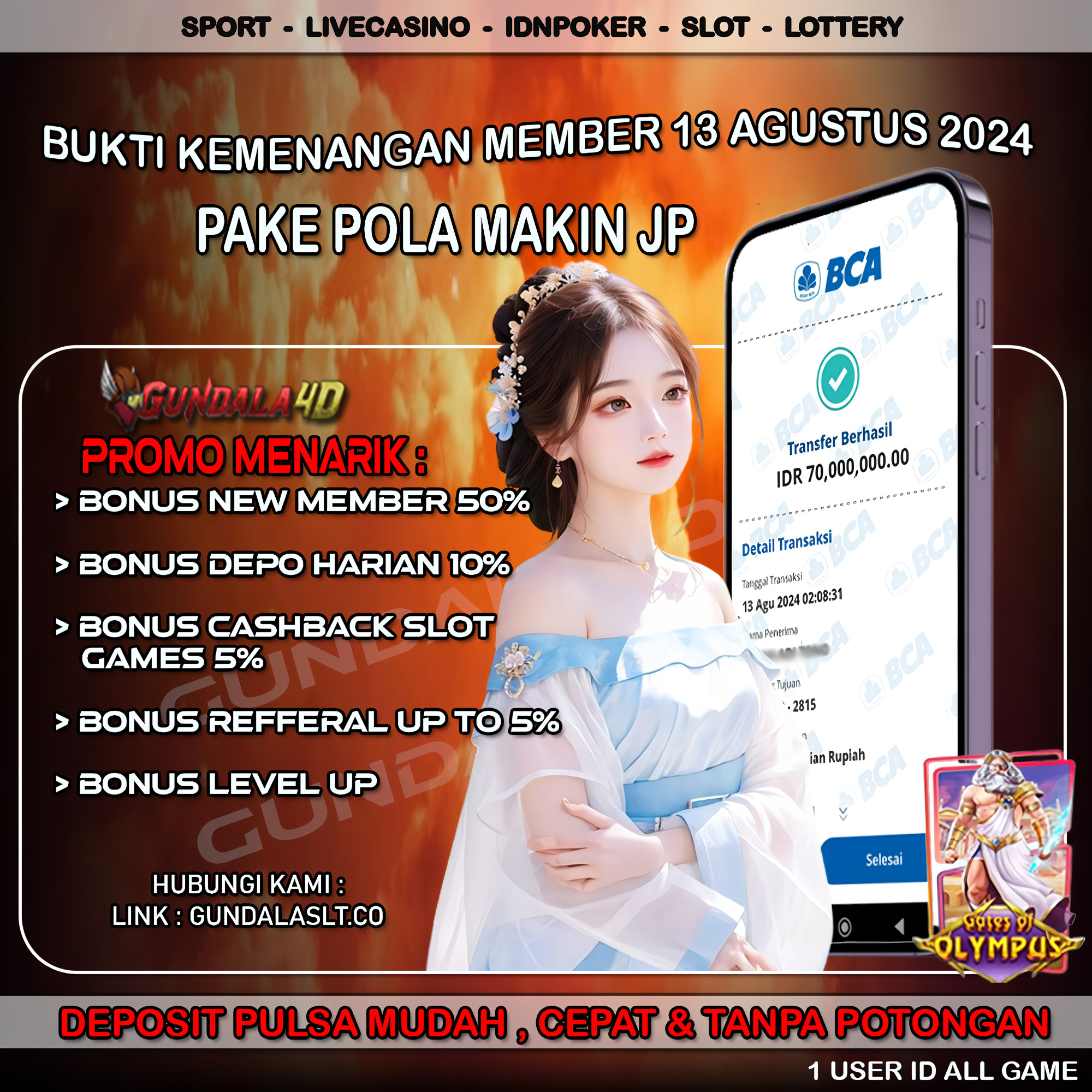 Selamat Untuk Member Setia Kami Gundala4d SA******* Yang Mendapatkan Jackpot Dengan Total Kemenangan Rp.70.000.000,00 ( TUJUH PULUH JUTA RUPIAH ) Dengan Modal Hanya Rpn 500.000 ( LIMA RATUS RIBU RUPIAH ). Langsung Bisa Tembus Puluhan Juta Hingga Ratusan Juta