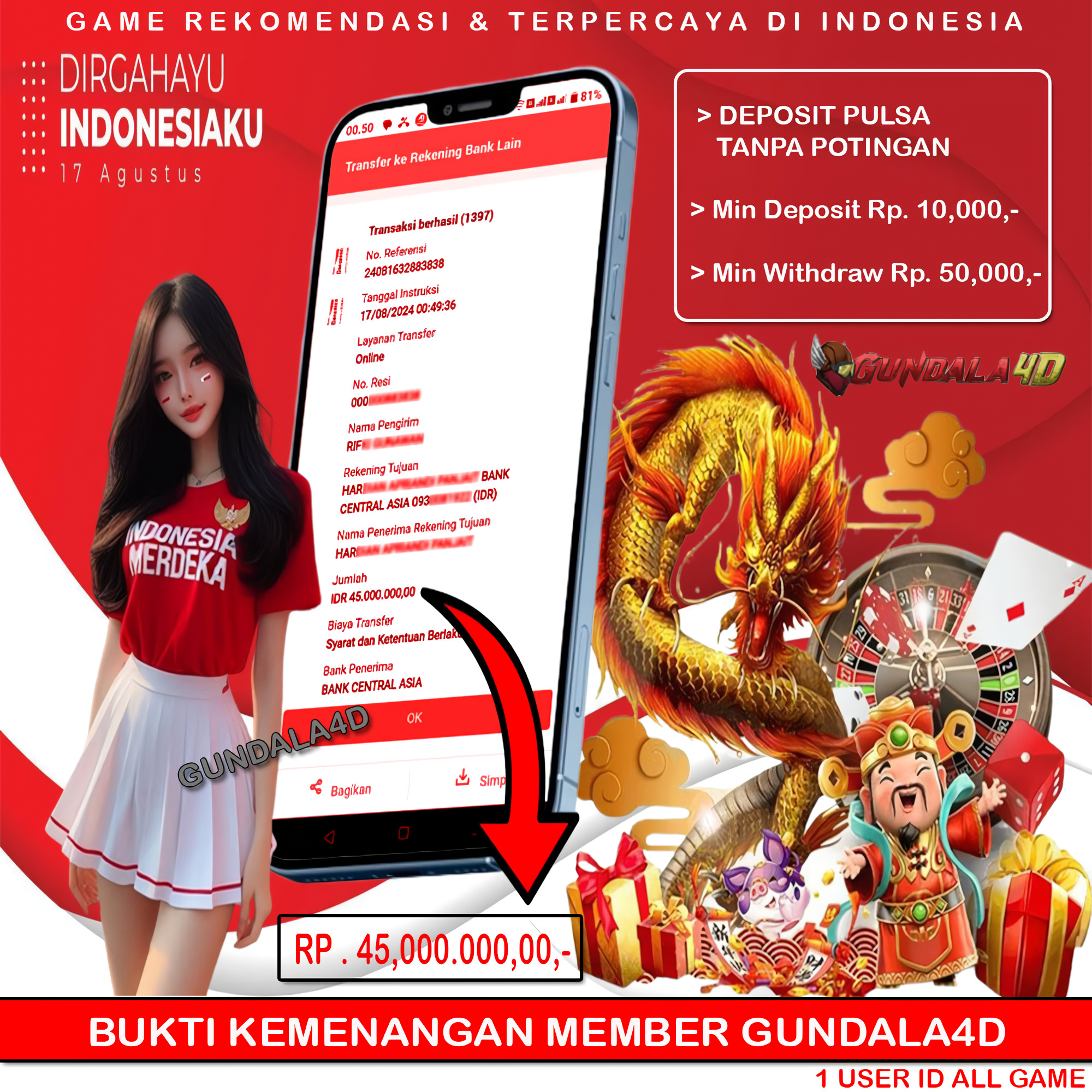 Selamat Untuk Member Setia Kami Gundala4d SA******* Yang Mendapatkan Jackpot Dengan Total Kemenangan Rp.45.000.000,00 ( JUTA RUPIAH ) Dengan Modal Hanya Rpn 500.000 ( LIMA RATUS RIBU RUPIAH ). Langsung Bisa Tembus Puluhan Juta Hingga Ratusan Juta