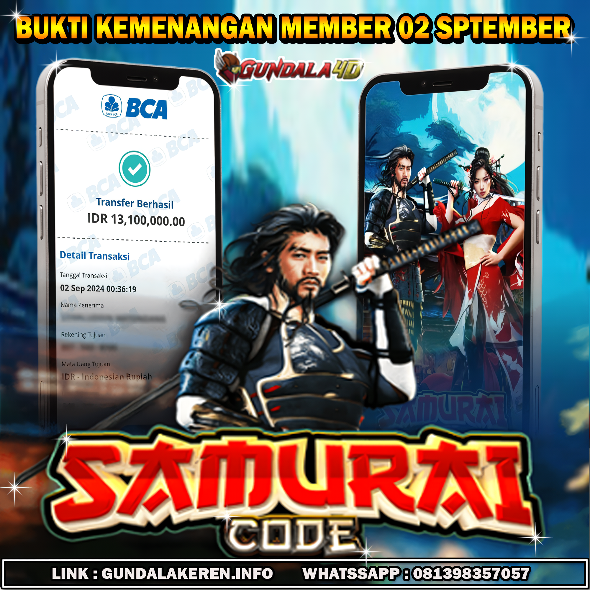 Selamat Untuk Member Setia Kami Gundala4d IN******* Yang Mendapatkan Jackpot Dengan Total Kemenangan Rp.13.100.000 ( TIGA BELAS JUTA SERATUS RIBU RUPIAH ) Dengan Modal Hanya Rpn 1.095.000 ( SATU JUTA SEMBILA PULUH LIMA RIBU RUPIAH ). Langsung Bisa Tembus Puluhan Juta Hingga Ratusan Juta